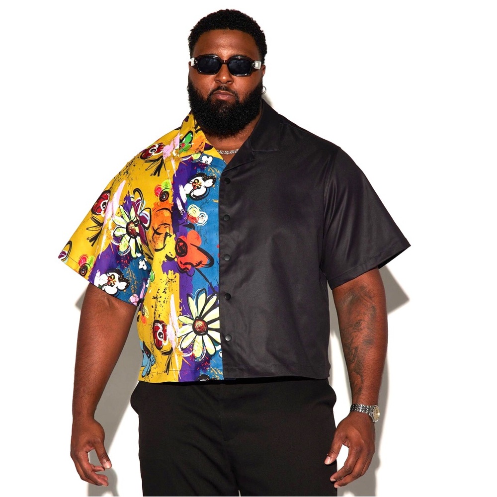Nova Men Split Shirt XL Black Floral Print Cropped Snap Front Rare Streetwear